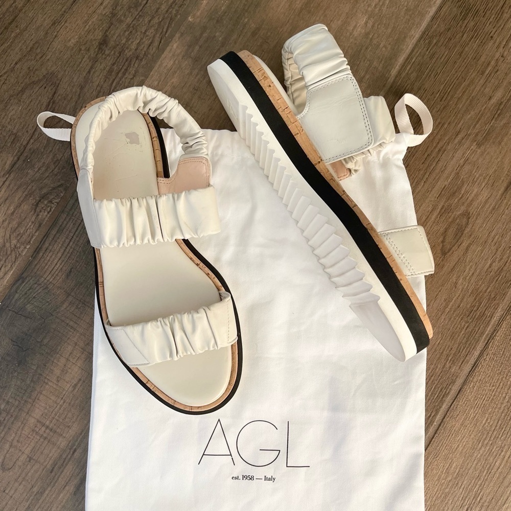 Agl White Nappa Leather Sandals With Elastic Bands Cream Two Straps Eu 37 New
